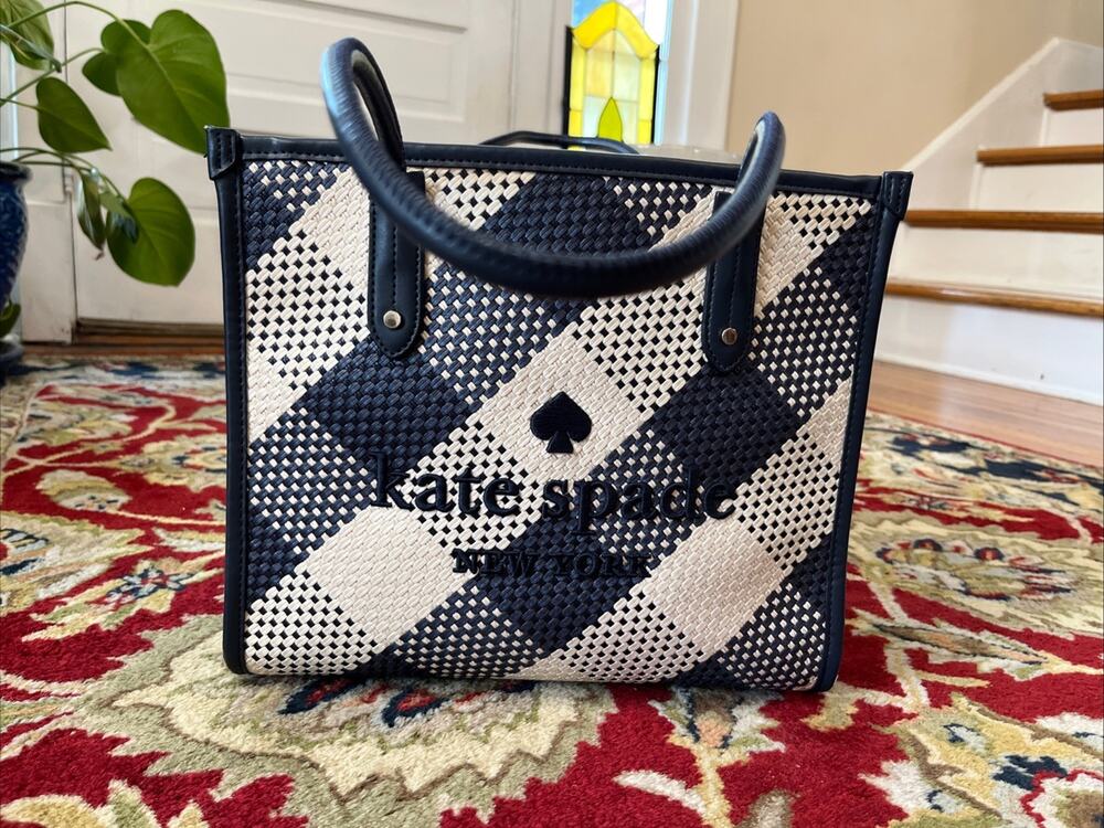 Kate Spade Ella Gingham Blazer Blue Oversized Woven Shoulder Tote Bag Navy $449